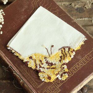Vintage 1960s Handkerchief, Crochet Butterfly And Pale Yellow Linen Hankie